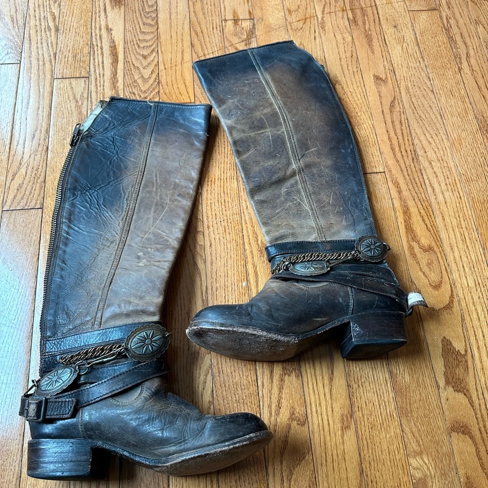 Freebird Aspen Chain Brown Leather Tall Knee High Zippered western Boots - Picture 3 of 6